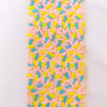 Beige Sheer Tissue Fabric Trim With Cotton Thread Embroidery In Pink, Yellow And Blue, Fabric Lace